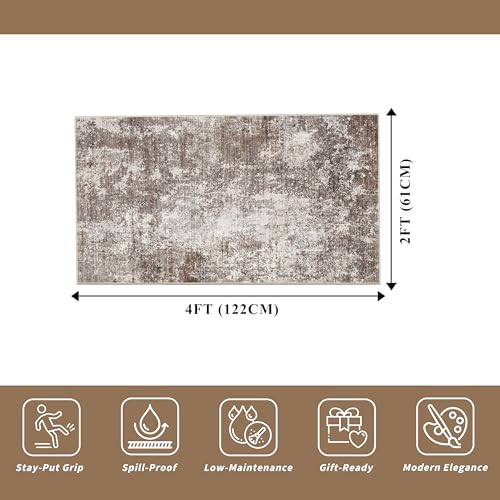 2x4 Washable Non-Slip Runner Rug – Small Throw Rug for Kitchen Floor, Bedroom, Entryway, Bathroom, Bedside – Modern Abstract Neutral Low-Pile Thin Indoor Door Mat (Brown Beige,2x4) - color: Brown Beige, size: 2' x 4' (Rectangular)