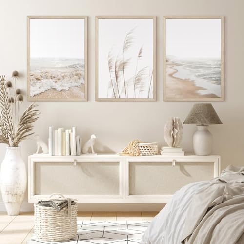 Beach Wall Art Boho Prints Coastal Canvas Wall Art Beach Pictures Pampas Grass Ocean Poster Plant Landscape Beach Scene Artwork for Living Room Bedroom Decor 12x16x3 Inch Wood Framed - color: Beach Art Prints, size: 12x16 Inch Wood Framed