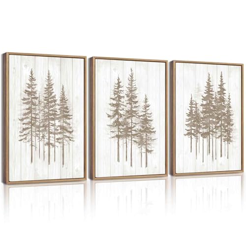 KUVIOKE Foggy Misty Pine Tree Framed Wall Art Watercolor Nature Abstract Forests Wall Decor Rustic Minimalist Painting for Bedroom Dining Room 12x16in (Natural Framed) - color: Watercolor Trees, size: 12 x 16in x 3 Panels Natural
