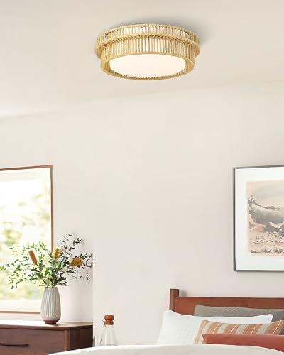 LED Rattan Ceiling Light, HWH Boho Light Fixtures Ceiling 22W, 15'' Handwoven Twine Cage Light Fixtures Close to Ceiling Light 5CCT, 5HYS78MF-LED - color: Beige, size: 16 Inch