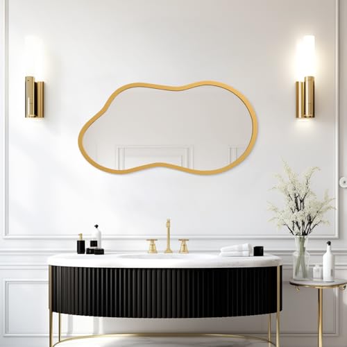 AAZZKANG Large Wall Mirror with Wood Framed 22"x12" Gold Irregular Hanging Mirrors Asymmetrical for Bathroom Bedroom Living Room Entryway - color: Gold, size: 22"L x 12"W