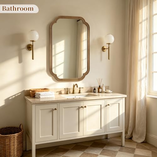 HOMECOOKIN Wood Bathroom Mirror for Wall Decor Arched Rounded Corner Rustic Wood Frame Wall Mirror Home Decorative for Vanity, Living Room, Bedroom, Entryway (20 x 30 inch, Natural) - color: Natural, size: 30"L x 20"W