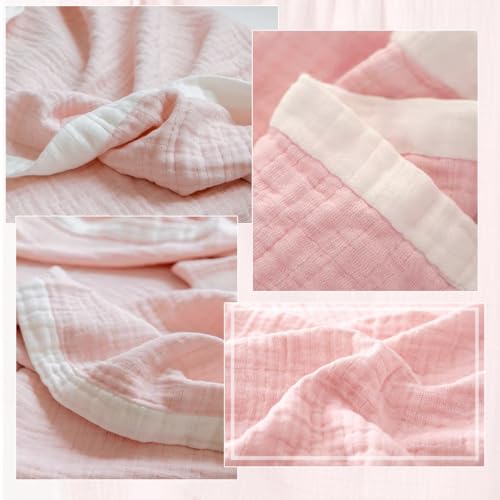 100% Cotton Muslin Blanket 60"x80", Pink Throw Blankets for Couch Bed Sofa Chair, 4-Layer Soft Cozy Quilt Travel Blanket, Farmhouse Decor,All Seasons - color: Pink