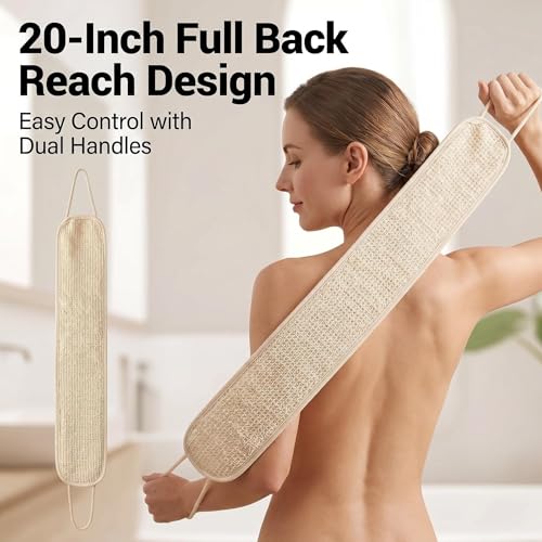 3 Pack Exfoliating Body Scrubber Set – Shower Gloves, Natural Back Scrubber Strap & Bath Pouf Sponge – Jute Cotton Blend Wash Mitt for Full Body Shower Routine & Daily Skin Care