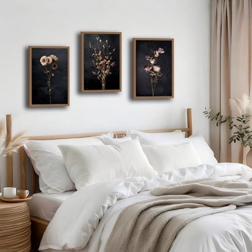 AUROR 3pcs Vintage Floral Canvas Wall Art - Dried Sunflowers, Poppies, And Roses - Dark-Themed Bohemian Floral- Elegant Botanical Prints For Living Room, Bedroom, And Office Decor 12x16in - color: Dried poppy rose flowers, size: 12x16in