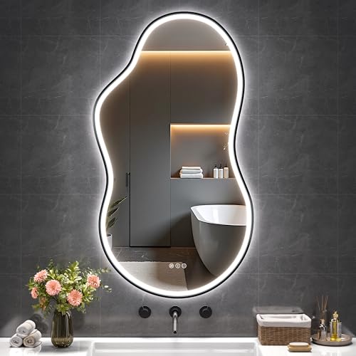 Hasipu Irregular Bathroom Mirror with Lights - 25"x45" LED Asymmetrical Wall Mirror, Abstract Modern Lighted Vanity Mirror for Wall, Anit-Fog, Dimmable, Memory, Vertical/Horizontal (Black - color: Black, size: 25"x45"
