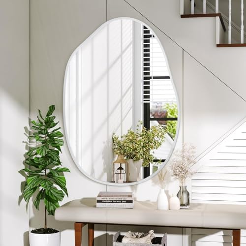 Large Asymmetrical Wall Mirror Aluminum Alloy Frame Irregular Bathroom Mirrors Brushed Metal Vanity Wall Mounted Mirror for LivingRoom Bedroom Entryway Room Home Decor White 26"x37.5" - color: White, size: 37.5"L x 26"W