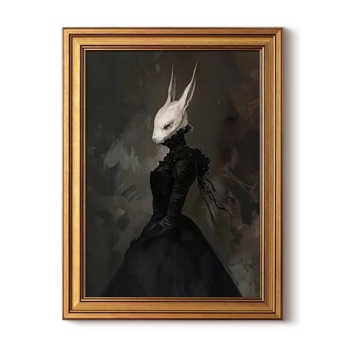 HUARCEY Gold Framed Vintage Wall Art Canvas Prints Gothic Room Decor Vintage Rabbit Lady Wall Decor, Aesthetic Dark Academia Halloween Pictures Oil Painting Goth Decorations 12x16in - color: Phantom Rabbit, size: 16"L x 12"W