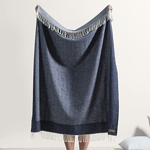 Lands Downunder All-Season, Luxury Navy Border Herringbone Throw – Soft Woven Throw with Decorative Fringe – Made in Italy – 51”W x 67”L - Perfect for Gifting - color: Navy