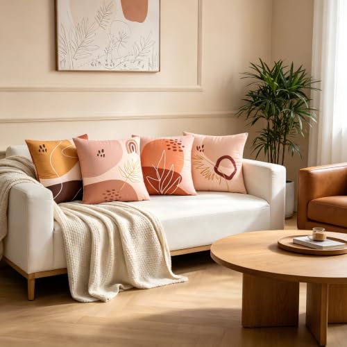 Boho Throw Pillow Covers 18x18 Set of 4 Terracotta Blush Minimalist Abstract Art Cushion Covers with Hidden Zipper, Soft Polyester Double Sided Print, Machine Washable, No Inserts - color: Warm Brown, size: 18" x 18" (Pack of 4)