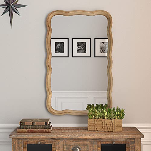 COZAYH Rustic Farmhouse Wall Mirror, 23.5” x 38” Rectangular Decorative Wall Mounted Mirror with Distressed Wood Frame & Curved Scallop Detail, Natural - color: Natural