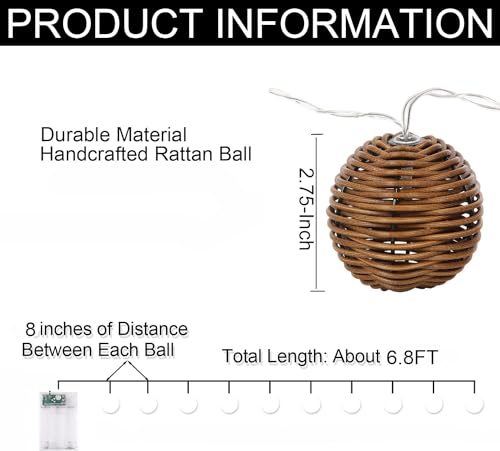 Decorative Lantern Rattan String Lights - 10LEDs with Rattan Wire Ball Style,Battery Operated Indoor Outdoor Patio String Light for Home Pergola Porch Party Backyard