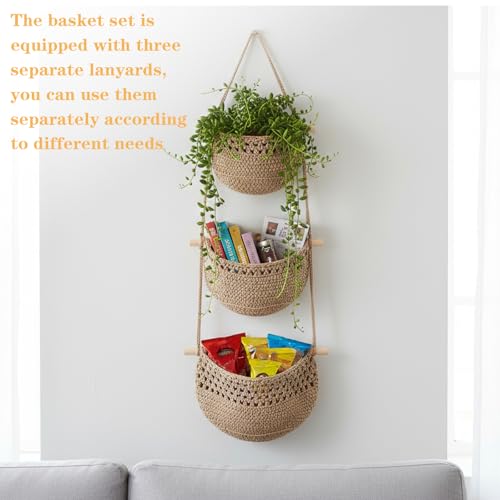 Hanging Fruit Basket, 3 Tier Woven Jute Wall Basket for Organizing, Hanging Produce Baskets for Fruit Vegetable Storage, Boho Kitchen Decor, Wall Baskets Storage for Kitchen, Bedroom, Bathroom