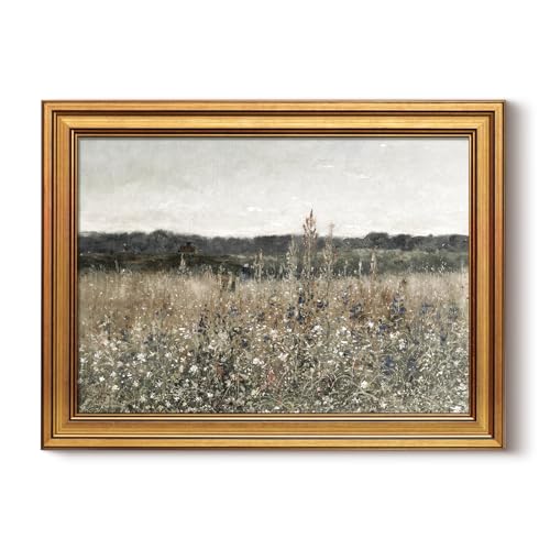 HUARCEY Gold Framed Canvas Wall Art Prints, Living Room Vintage Art Aesthetic, Wildflower Field Floral Landscape Paintings Farmhouse Decor, Retro Decoration for Bedroom Bathroom, 12x16Inch - color: Champ Fleuri, size: 16"L x 12"W