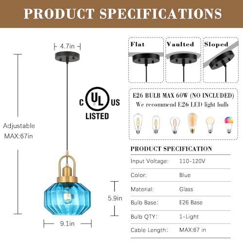 9in Mid Century Modern Pendant Light, Gold and Small Blue Glass | Vintage Lighting Fixture Ceiling Hanging Lamp for Kitchen Island Foyer Dining Room Bedroom Entryway Hallway Over Sink Table - color: Blue & Gold Hardwire, size: 9in
