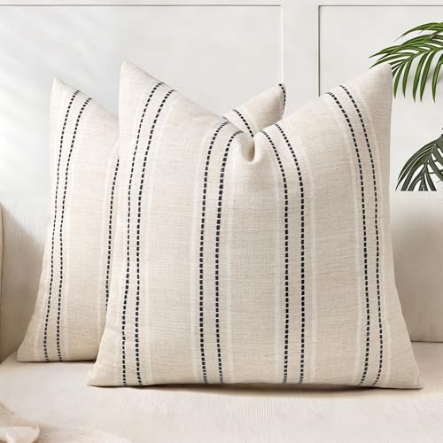 AELS 16x16 Decorative Farmhouse Linen Throw Pillow Covers, Boho Textured Pillow Case, Set of 2, Beige with White & Black Stitch Yarn Dyed Stripe Cushion Cover for Sofa Couch Living Room (Cover ONLY) - color: Beige With White & Black, size: 16" x 16" (Pack