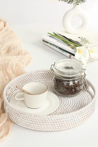 HITOMEN 11.8" Hand-Woven Round Rattan Serving Tray Decorative Wicker Trays with Handles for Coffee Table (Whitewash-M) - color: Whitewash, size: Medium (11.8 inches)