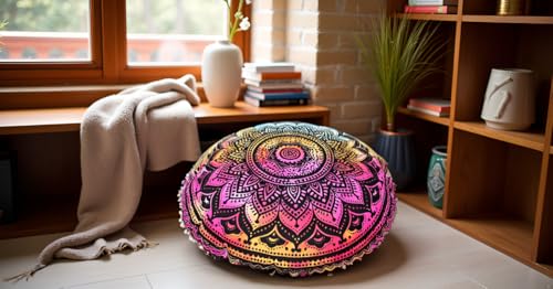 Round Mandala Floor Pillow Cover Seating Cushion Throw Cover Hippie Decorative Bohemian Ottoman Pouf Cover, Pom Pom Pillow Cases,Boho Indian 32 Inches Multi Ombre - color: Multi Black, size: 32" Round