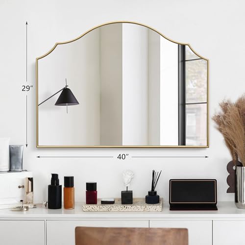 Besdomus Gold Scalloped Wall Mirror: 40"x29" Large Modern Minimalist Bathroom Mirror - Decorative Vanity Arched for Dresser/Entryway/Fireplace/Mantle/Living Room - Home Decor for Housewife - color: Gold Leaf, size: 29"L x 40"W