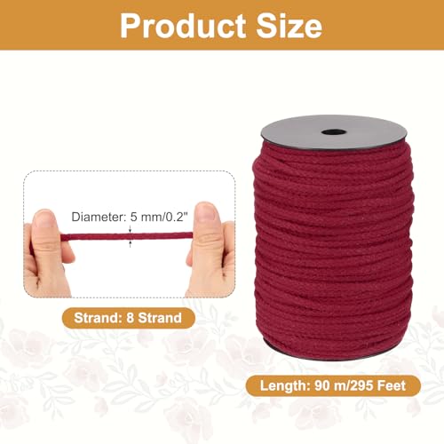 MECCANIXITY Macrame Cord 5mm x 295 ft Handmade Natural Cotton Rope, 8 Strand Twisted Braided Rope Cord for Plant Hanger Wall Hanging Dream Catcher Crafts Home Decoration, Dark Red - color: Dark Red