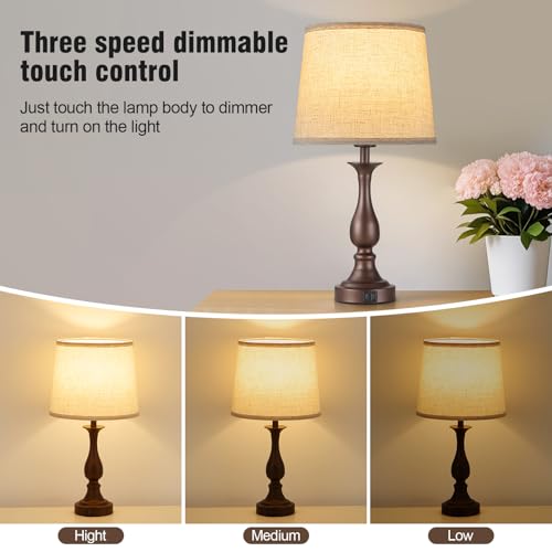 Bedside Table Lamp Touch Control Bedroom Lamps with USB A + C Charging Port 3 Way Dimmable Touch Lamps for Nightstand Living Room Bedroom Dorm Home Office Reading, Set of 2 (Beige Shade & Brown Base) - color: Beige Shade & Brown Base