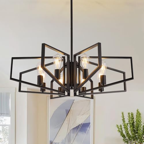 WJShome 8-Light Black Chandelier, Farmhouse Dining Room Light Fixture, Modern Industrial Ceiling Foyer Lighting Fixtures, Geometric Pendant Lights Kitchen Island, for Bedroom,Stairway, Entryway - color: 01-Black