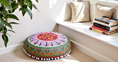 Multi 6 Color Round Mandala Floor Pillow Cover Seating Cushion Throw Cover Hippie Decorative Bohemian Ottoman Pouf Cover, Pom Pom Pillow Cases,Boho Indian 32 Inches - color: Pink/Green, size: 32" Round
