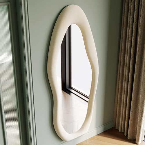 Honyee Full Length Mirror, 63" x 24" Wall Mirror, Flannel Wrapped Wooden Frame Full Body Mirror, Irregular Wavy Mirror Hanging or Leaning Against Wall for Cloakroom/Bedroom/Living Room, Ivory White - color: Ivory White, size: 63"L x 24"W
