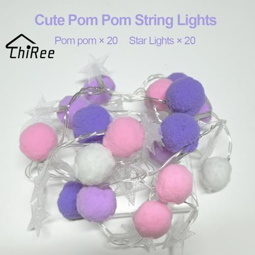 ChiRee Indoor String Lights 6.56 Feet Pom Poms Star Lights 20 LED Battery Operated String Fairy Lights Warm White Star Lights Colorful Decor Lights for Home Bedroom Kids Playhouse Holiday Christmas - style: Star-Purple