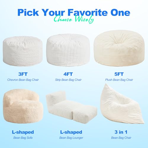 Hobestluk 3 in 1 Bean Bag Chair Giant Bean Bag Chairs for Adults with Chevron Plush Fur Cover Convertible Bean Bag Floor Cushion with Machine Washable Cover for Living Room (Chevron Plush White) - color: Snow White