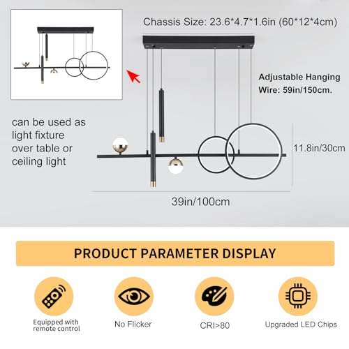 ORANOOR Modern LED Pendant Lights, Dimmable 39in Linear Wave LED Chandelier Lighting, Black & Gold Dining Room Hanging Light Fixtures Kitchen Island Globe Pendant Light for Dining Table (2705lm)