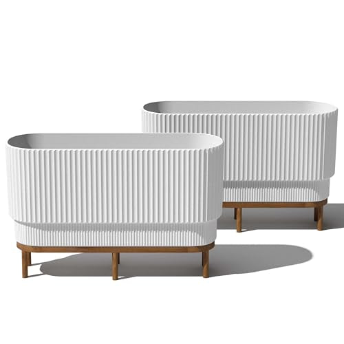 Veradek Demi Series Raised Long Planter for Indoor/Outdoor Use | Made from Plastic & Stone w/Wooden Stand | Modern Patio Décor for Flowers/Shrubs - color: White/Brown, size: 30 inch - 2 Pack