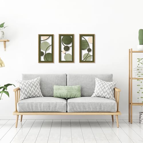 KAIRNE Boho Sage Green Wooden Wall Art,3 pieces Abstract Modern Wall Sculptures,Rustic Geometric Framed Hanging Decor,Minimalist Mid Century Wall Decor for Living Room Bedroom Farmhouse 8X16 inch - color: Boho Sage Green Wooden, size: 8"L x 16"W