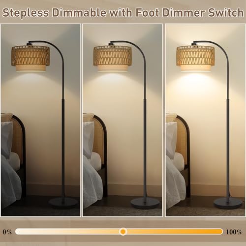 Rattan Floor Lamp, Dimmable Boho Floor Lamp, Farmhouse Arc Standing Lamp with Adjustable Rattan & Fabric Shades, Modern Lamp Tall Lamp for Living Room Bedroom Office Reading Room, Bulb Included - color: Black with rattan shade