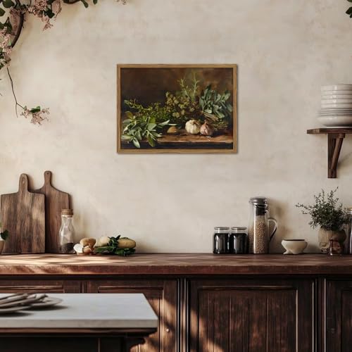 Framed Vintage Kitchen Wall Art, Rustic Garlic and Herbs Pictures Wall Decor Paintings, Farmhouse Cottagecore Canvas Prints Artwork for Home Dining Room Living Room 12x16 inch - color: Garlic and Herbs, size: 16"L x 12"W