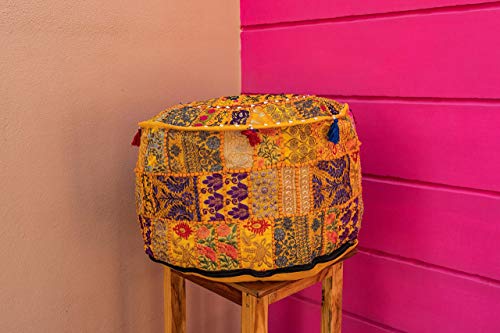 THE ART BOX Cotton Patchwork Vintage Pouf Covers (14x22 Inches, Cover Only) Boho Embroidered Bean Bag Seating Ottoman Kids Stool Decorative Chair Bohomian Home Décor - color: Yellow, size: 22"D x 22"W x 14"H