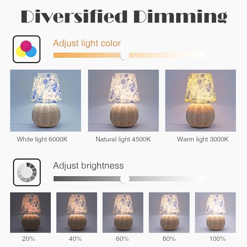 Vintage Small Wicker Lamp, Rattan Body Fabric Lampshade, Adjustable Light Color and Brightness, Power-Off Memory, Safe USB Powered, Boho Style Night Light for Bedroom Living Room (Blue Flowers) - color: Blue Flowers