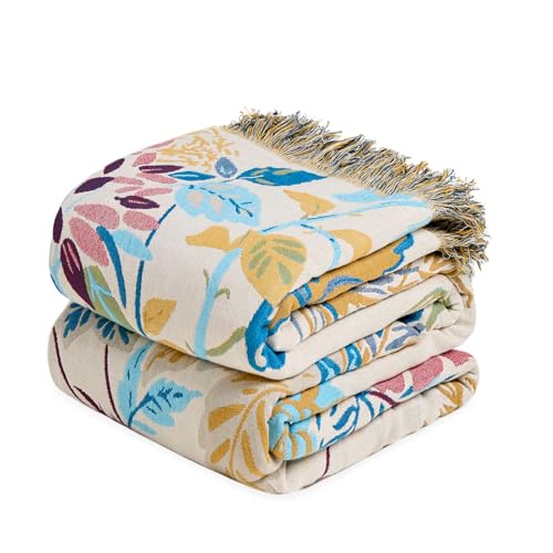 LUTBM Boho Throw Blanket for Bed Cotton Summer Blankets Twin Size for Bedroom Living Room All Season Lightweight Floral Embroidery Decorative Breathable Quilt for Couch Sofa Chair 60"x80" - color: Branches Tendrils, size: 60"×80"