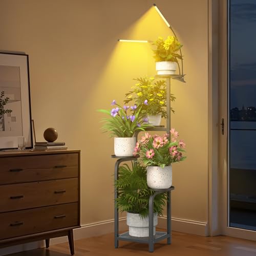 TOSKING 47" Tall 5-Tier Square Iron Plant Stand with Detachable Grow Light ,Heavy Duty Corner Flower Shelf for Indoor Use, Metal Pot Rack for Living Room, Bedroom, Office, Black - color: Black, size: Grow Light