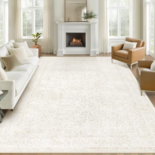 9x12 Area Rugs for Living Room: Washable Large Vintage Floral Rug Low Pile Non-Slip Boho Carpet for Bedroom Dining Home Office (Floral Beige, 9'x12') - color: Floral Beige, size: 9' x 12' (Rectangular)