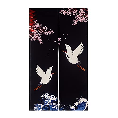 LIGICKY Noren Doorway Curtain Japanese Style Cranes Waves Cherryblossom Printed Cotton Linen Window Treatment Door Tapestry for Home Decoration 33.5" Width x 59" Long, Black - color: Cranes Cherryblossom, size: 33.5"W x 59"L (Pack of 1)