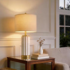 USumkky 25.75" Off-White Ceramic Table Lamp Set of 2, Mid Century Modern Bedside Nightstand Lamps for Bedroom Living Room, Linen Shade & Gold Metal Base, Rotary Switch E26 (Bulbs Excluded) - color: 25.75" Fluted Column-2 Pack