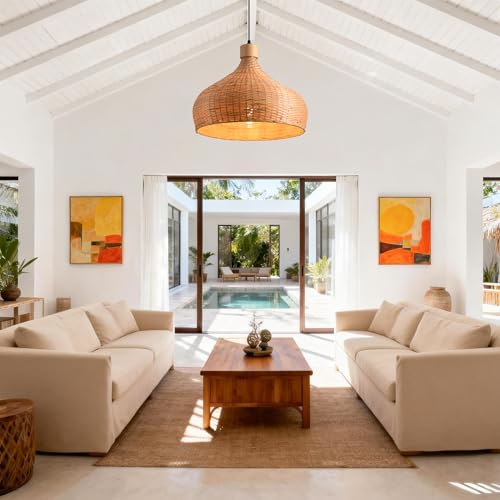 Bamboo Pendant Light, 18" Hand-Woven Rattan Hanging Light Fixture, Boho Wicker Chandelier with Adjustable Cord, Tropical Coastal Ceiling Lamp for Kitchen Island Dining Room Bedroom, E26 Base - color: D3034