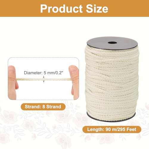 MECCANIXITY Macrame Cord 5mm x 295 ft Handmade Natural Cotton Rope, 8 Strand Twisted Braided Rope Cord for Plant Hanger Wall Hanging Dream Catcher Crafts Home Decoration, White - color: White