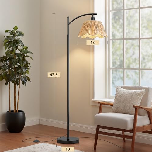 Oneach Boho Rattan Floor Lamp for Living Room, Farmhouse Standing Lamp with Hand-Woven Shade, Black Metal Base & Pole, Foot Switch - Corner Reading Lamp for Bedroom - color: Oil Black