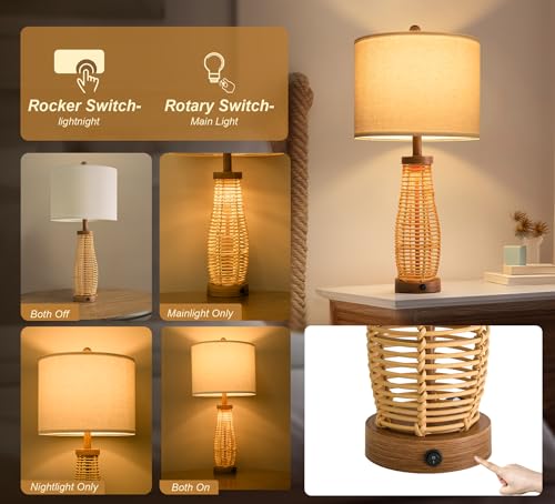 OYEARS 28" Table Lamps Set of 2 with Dual Night Lights, Bedside Lamps for Bedroom, Boho Lamp for Living Room, Rattan Table Lamp with Linen Shade, Farmhouse Lamp with Wood Grain Finish (Bulb Included) - color: Antique Brown