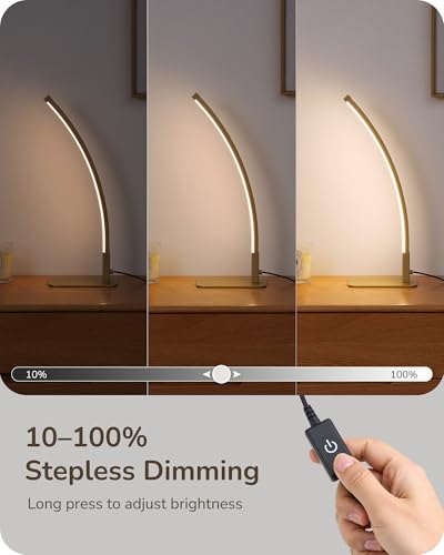 EDISHINE Curved LED Table Lamp, Modern Bedside Lamp with 3 Color Temperature & Stepless Dimming, Aluminum & Iron, Nightstand Lamp for Bedroom, Living Room, Gold - color: Gold