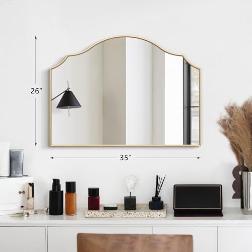 Besdomus Gold Scalloped Mirror for Dresser: 35"x26" Modern Wooden Mantel Mirror - Minimalist Decorative Wall for Vanity/Bedroom/Fireplace/Entryway - Ideal for 20-44 Age Fashion Women - color: Gold Leaf, size: 26"L x 35"W