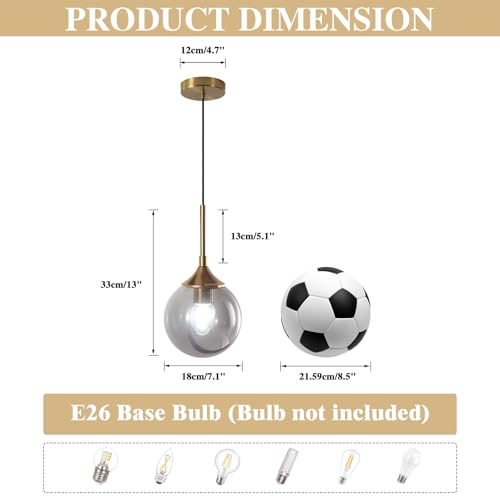 KCO Lighting Modern Gold Pendant Light 1-Light Large Globe Pendant Lights Set of Two Smoke Gray Glass Ball Pendant Light Fixture Dining Room Pendant Lamps Ceiling Hanging (2-Pack) - color: Gold+Smoke Gray-2PC