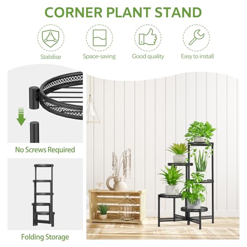 iDavosic.ly 5 Tier Large Plant Stand Indoor with 10-Inch Wide Drainage Tray, Tiered Corner Metal Outdoor Flower Display Holder Shelf, Folding Tall Rack for Patio Porch Balcony, Black Iron Carving - color: Black Openwork (with Drainage), size: 5 Tiers